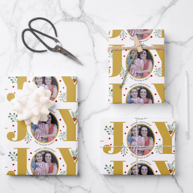 Gold Joy with berries Christmas holiday photo Wrapping Paper Sheet (Front)
