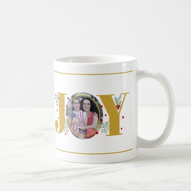 Gold Joy with berries Christmas photo Coffee Mug (Right)