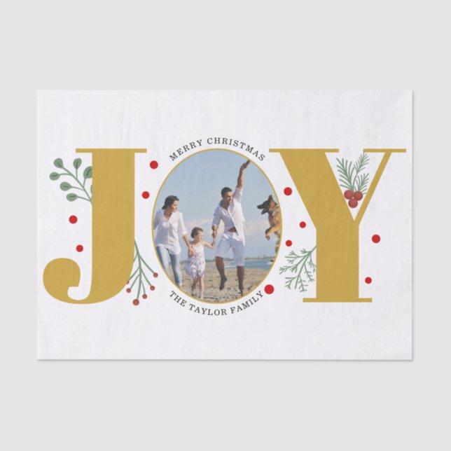 Gold Joy with berries Christmas photo Tissue Paper (Front)