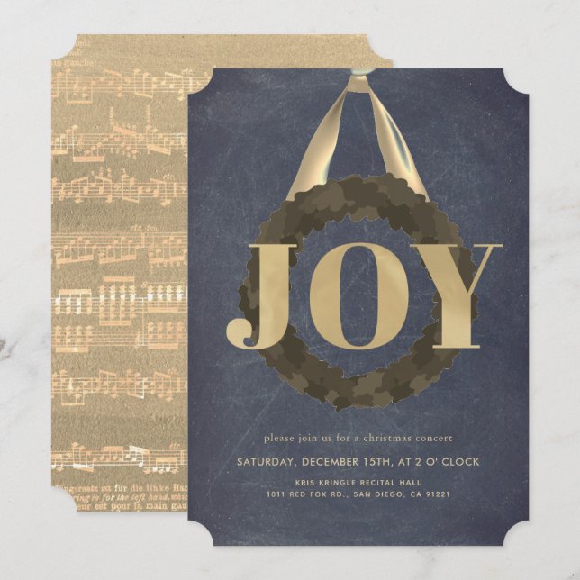 Gold JOY Wreath Chalkboard Christmas Concert Invitation (Front/Back)