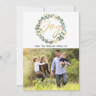 Gold Joy Wreath Christmas Family Photo card