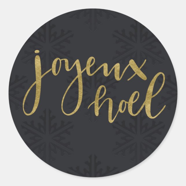 Gold JOYEUX NOEL Holiday Winter Black Snowflakes Classic Round Sticker (Front)