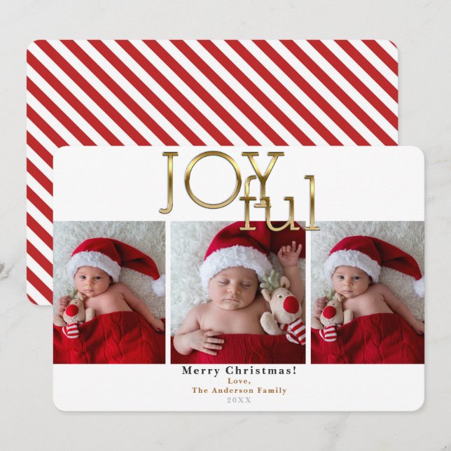 Gold Joyful Christmas Holiday 3 Photos Photo Invitation (Front/Back)