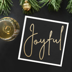 Gold JOYFUL on Black Christmas Napkin