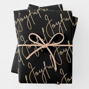 Gold JOYFUL on Black Wrapping Paper Sheet