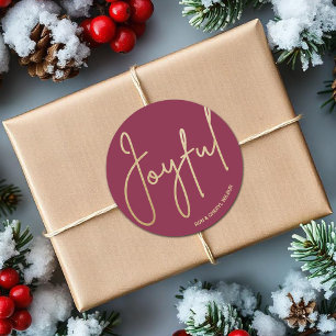 Gold JOYFUL on Cranberry Christmas Classic Round Sticker