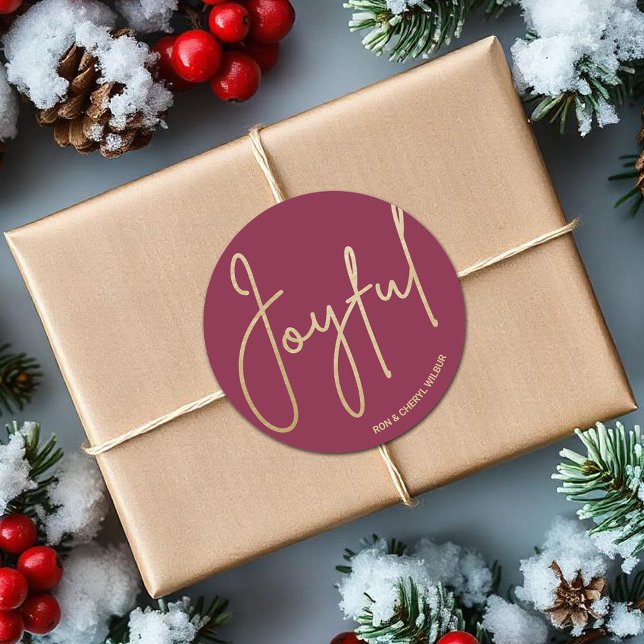 Gold JOYFUL on Cranberry Christmas Classic Round Sticker (JOYFUL in gold script on cranberry Christmas 3" Round Stickers)