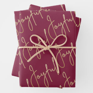 Gold JOYFUL on Cranberry Wrapping Paper Sheet