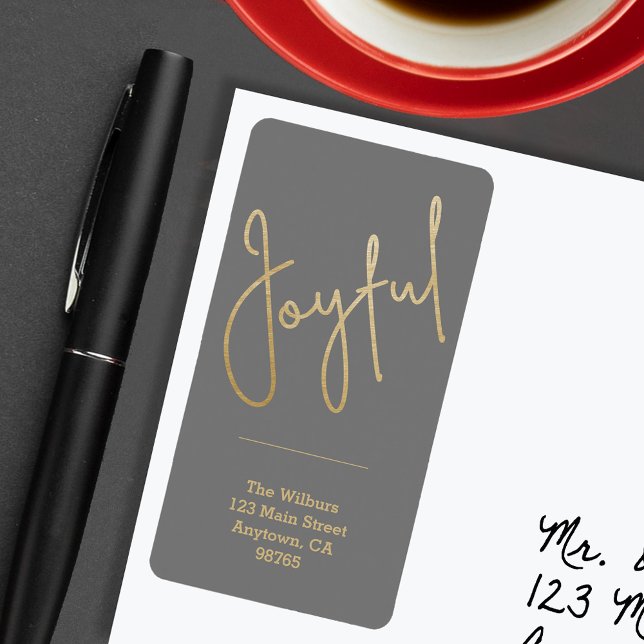 Gold JOYFUL on Grey Christmas Return Address Label (JOYFUL Faux Gold Foil on Gray  Return Address Labels)