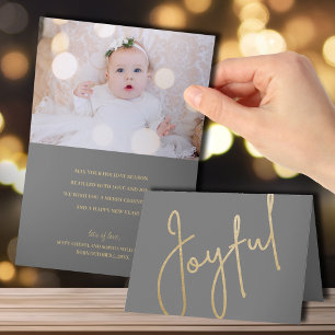 Gold Joyful on Grey Folded Photo Christmas Card