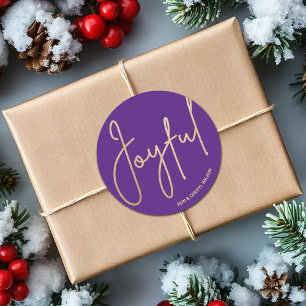 Gold JOYFUL on Purple Christmas Classic Round Sticker