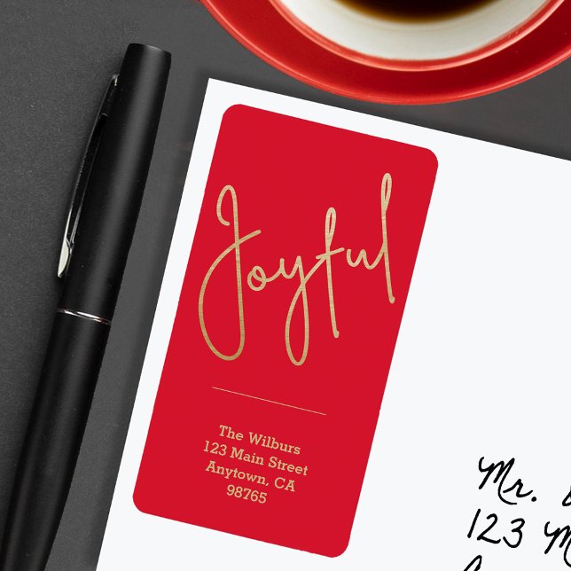 Gold JOYFUL on Red Christmas Return Address Label (JOYFUL Faux Gold Foil on Red  Return Address Labels)