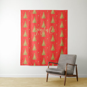 Gold JOYFUL on Red Christmas Tapestry