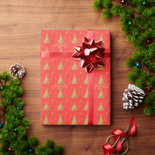 Gold JOYFUL on Red Christmas Wrapping Paper