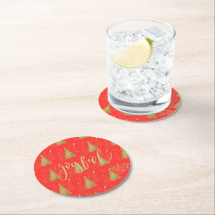 Gold JOYFUL on Red ChristmasHoliday Party Round Paper Coaster