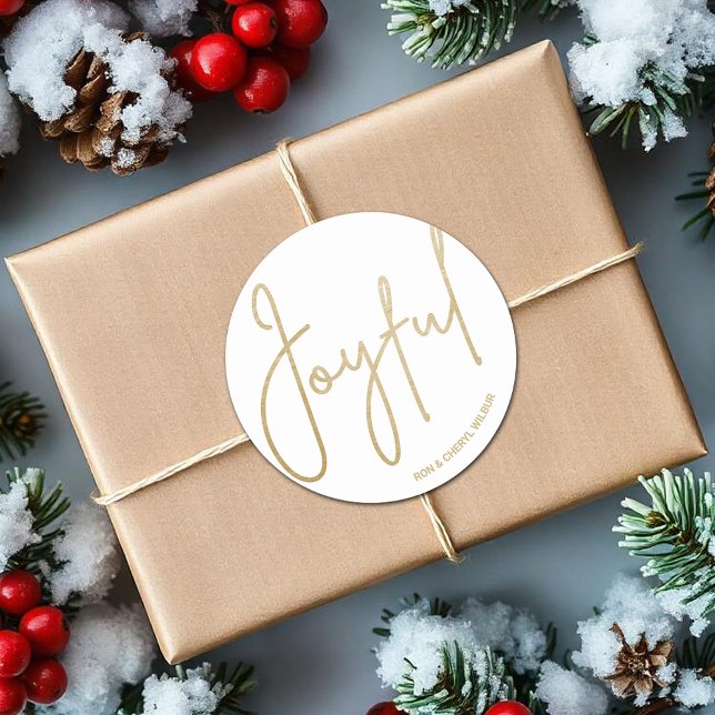 Gold JOYFUL on White Christmas Classic Round Sticker (JOYFUL in gold script on white Christmas 3" Round Stickers)