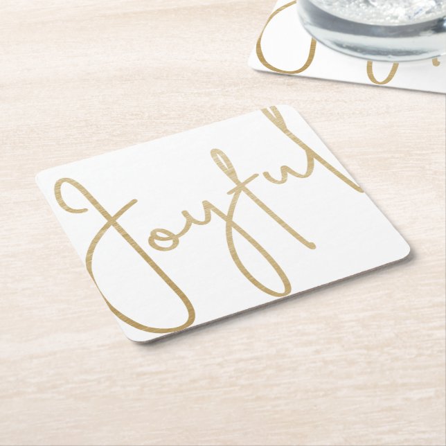 Gold JOYFUL on White Christmas Square Paper Coaster (Angled)