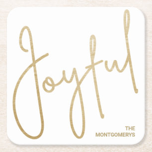 Gold JOYFUL on White Christmas Square Paper Coaster
