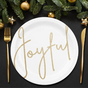 Gold JOYFUL White Christmas Paper Plate