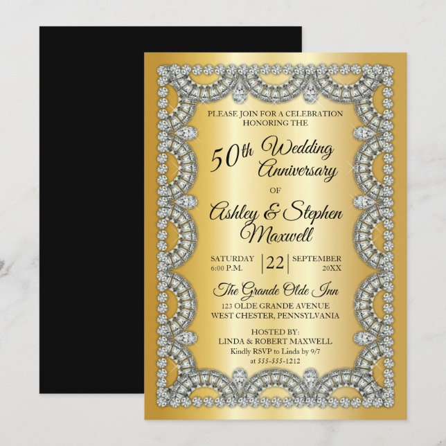 Gold Jubilee Diamond 50th Wedding Anniversary Invitation (Front/Back)