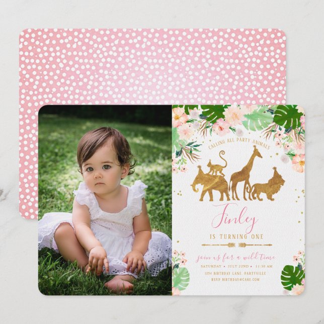 Gold Jungle Animal & Floral Photo Birthday Invite (Front/Back)