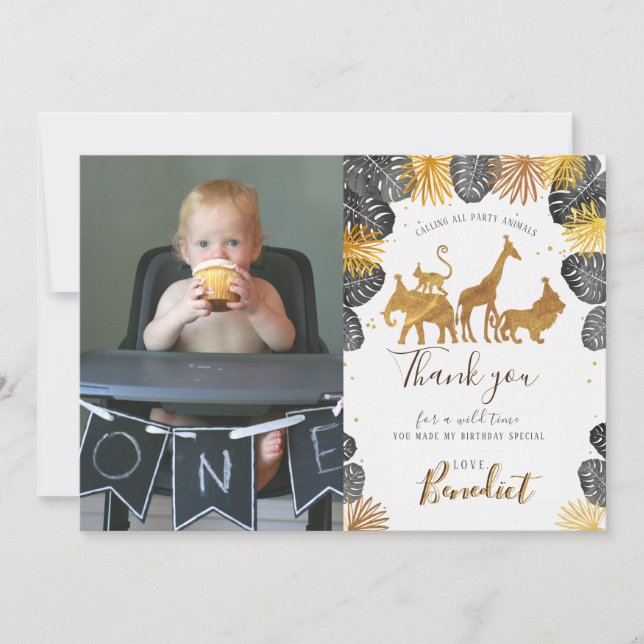 Gold Jungle Animal & Foliage Photo Thank you card (Front)