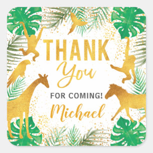 Gold Jungle Animals Safari Party Thank You Square Sticker