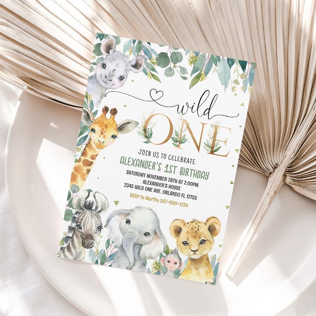 Gold Jungle Animals Wild One 1st Birthday Invite (Creator Uploaded)