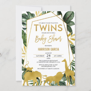 Gold Jungle Safari Animals Twins Baby Shower Invitation