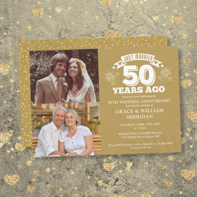 Gold Just Married 50th Wedding Anniversary 2 Photo Invitation (Gold Just Married 50th Wedding Anniversary 2 Photo Invitation)