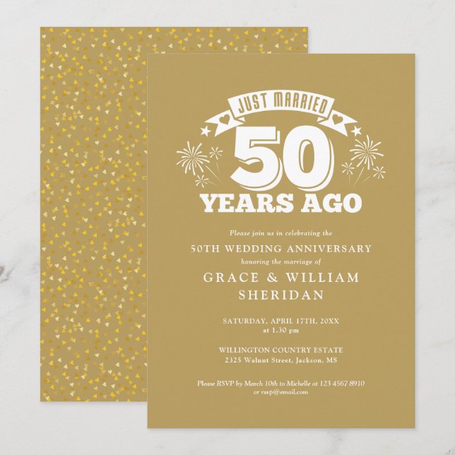 Gold Just Married 50th Wedding Anniversary Invitation (Front/Back)