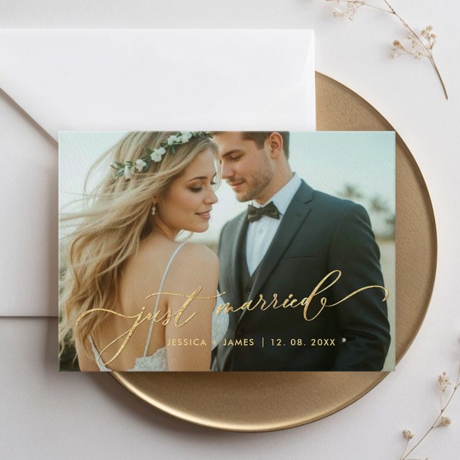 Gold Just Married Wedding Photo Announcement Card (Creator Uploaded)