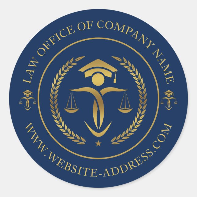 Gold Justice logo with custom text on blue Classic Round Sticker (Front)