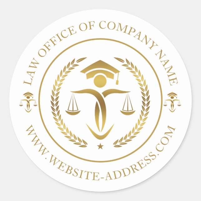 Gold Justice logo with custom text on white Classic Round Sticker (Front)