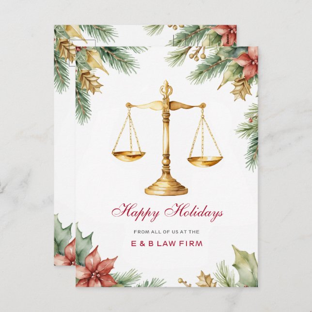 Gold Justice Scale Holly Pine Lawyer Christmas Holiday Postcard (Front/Back)