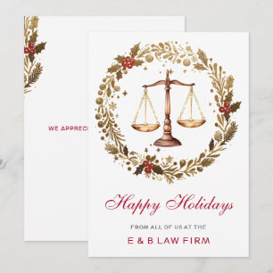 Gold Justice Scale Holly Wreath Law Firm Christmas Holiday Card