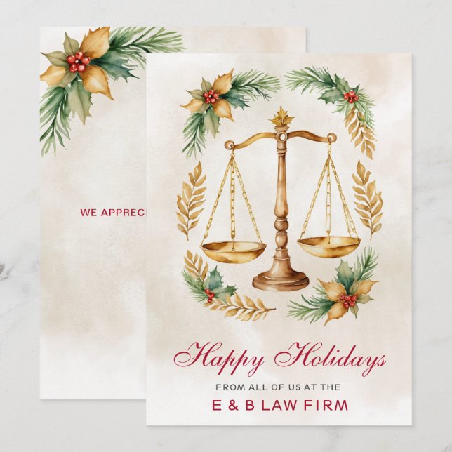 Gold Justice Scale Holly Wreath Law Firm Christmas Holiday Card (Front/Back)