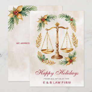 Gold Justice Scale Holly Wreath Law Firm Christmas Holiday Card