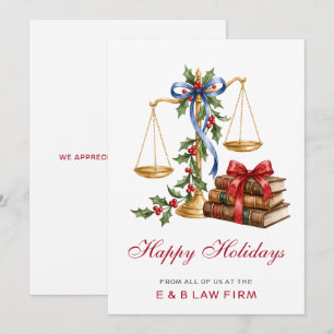 Gold Justice Scale Holly Wreath Law Firm Christmas Holiday Card