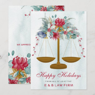 Gold Justice Scale Holly Wreath Law Firm Christmas Holiday Card