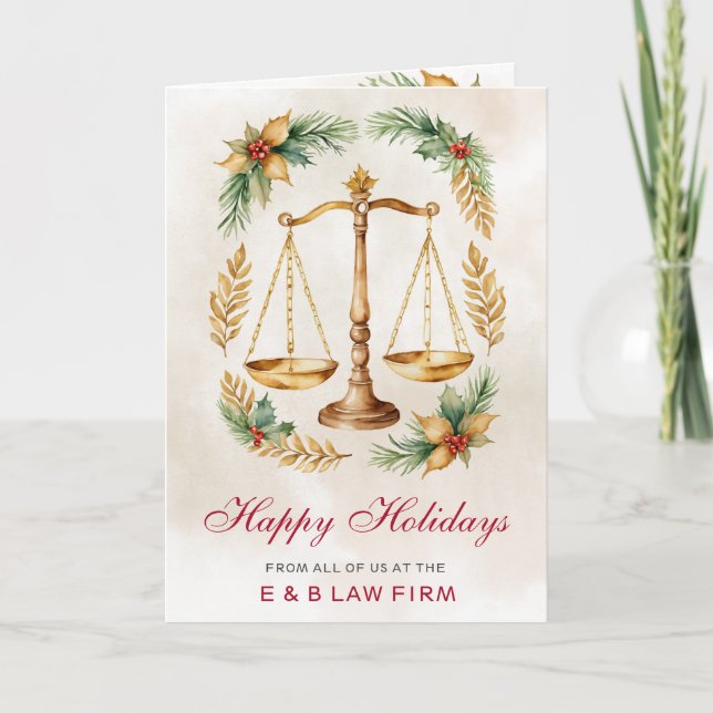 Gold Justice Scale Holly Wreath Lawyer Christmas  Holiday Card (Front)