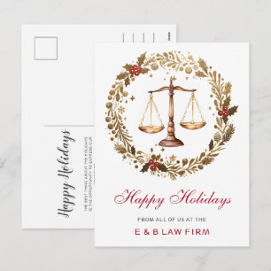 Gold Justice Scale Holly Wreath Lawyer Christmas Holiday Postcard