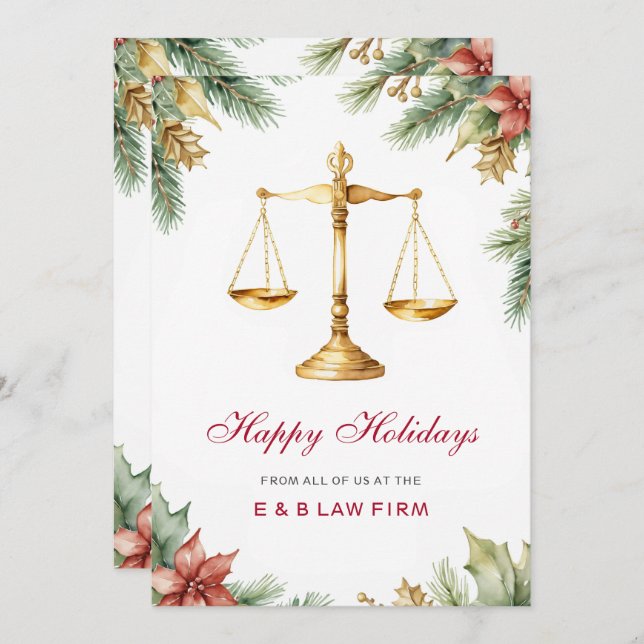 Gold Justice Scale Pine Holly Law Firm Christmas Holiday Card (Front/Back)