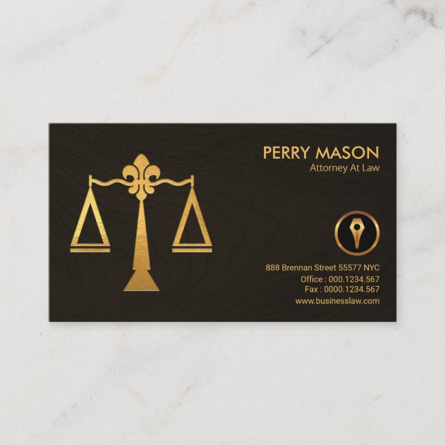 Gold Justice Scales Elegant Fine Wood Grain Law Business Card (Front)