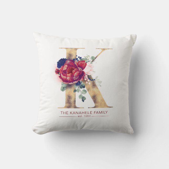 Gold K Monogram Floral Burgundy Red and Navy Blue Cushion (Front)