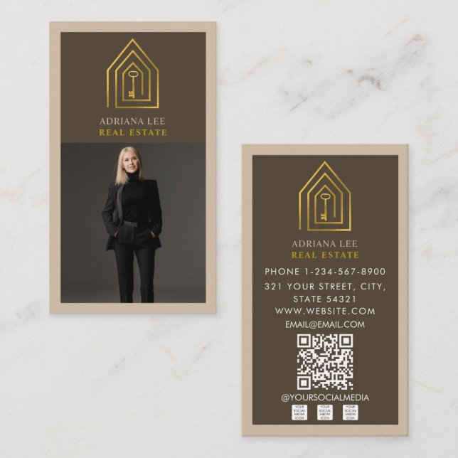 Gold Key Photo Real Estate Agent QR Code Brown Business Card (Front/Back)