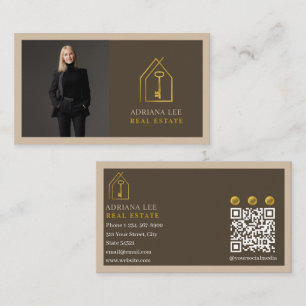 Gold Key Photo Real Estate Agent QR Code Brown Business Card