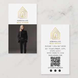 Gold Key Photo Real Estate Agent QR Code White Business Card