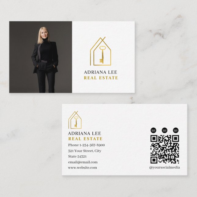 Gold Key Photo Real Estate Agent QR Code White Business Card (Front/Back)