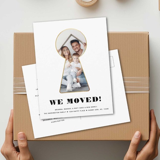 Gold Keyhole Simple Photo Modern Minimalist Moving Announcement Postcard (Creator Uploaded)